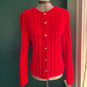 Knit Fit Women's Size Large Red Chenille Knit Sweater Gold Button Cardigan